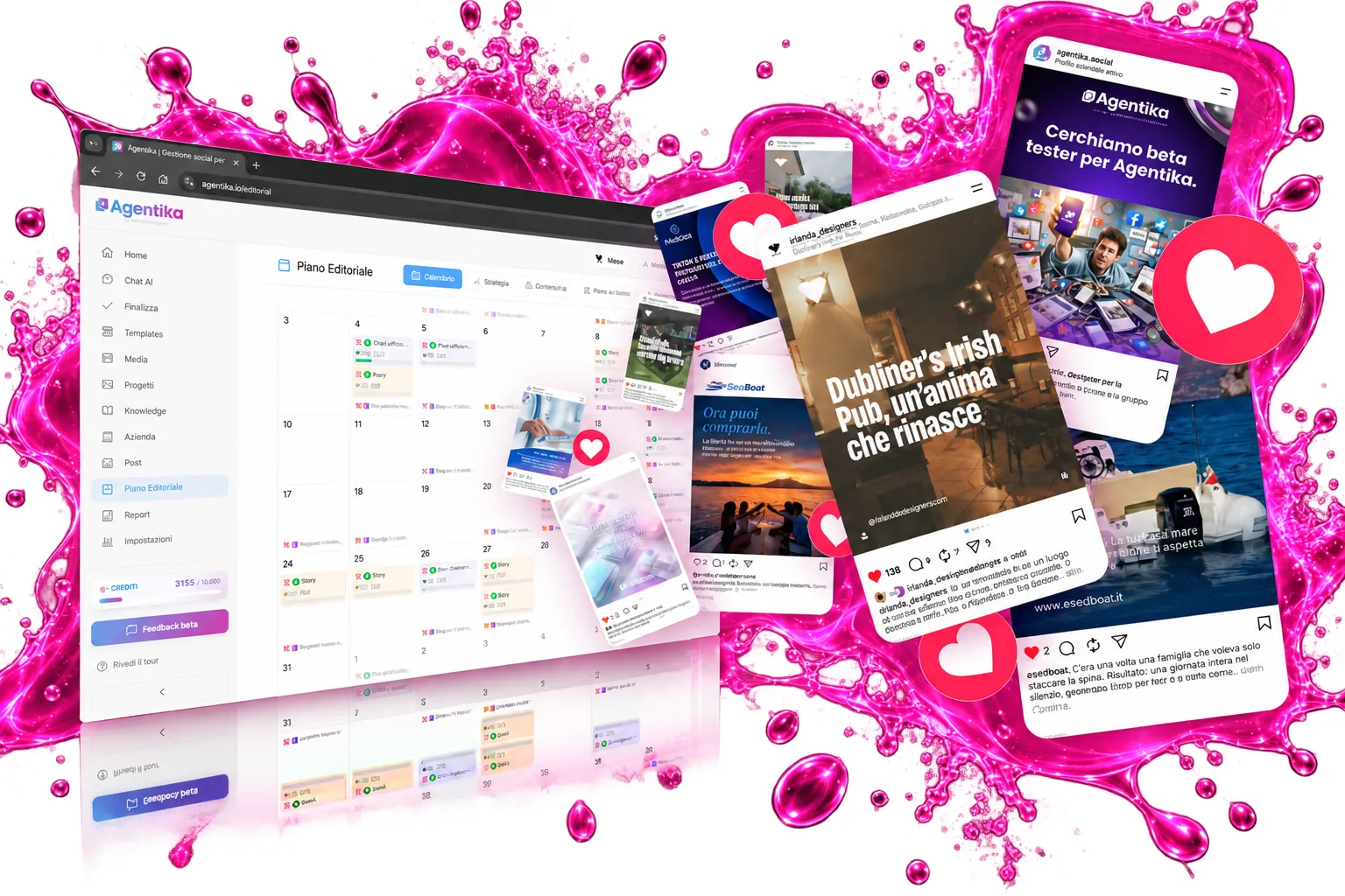 Il piano editoriale di Agentika aperto sul calendario, con i post già pronti dei clienti attorno