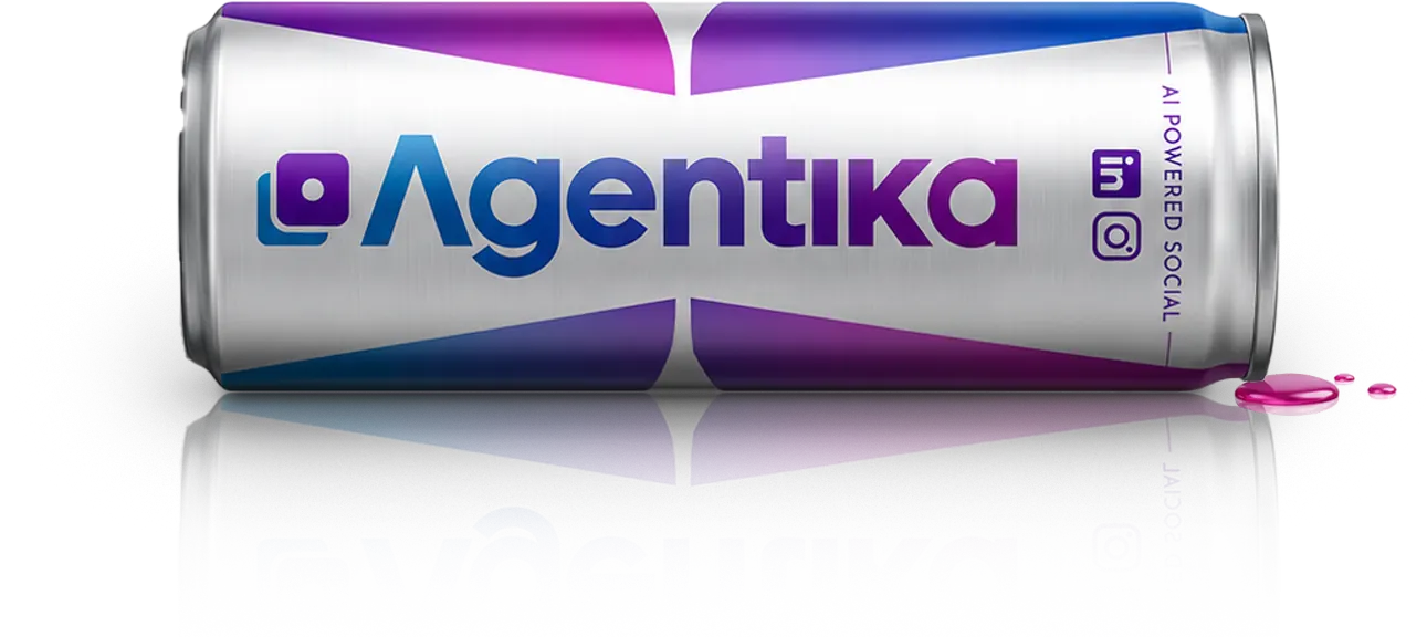 La lattina di Agentika sdraiata, con il logo sul fronte e la scritta AI powered social