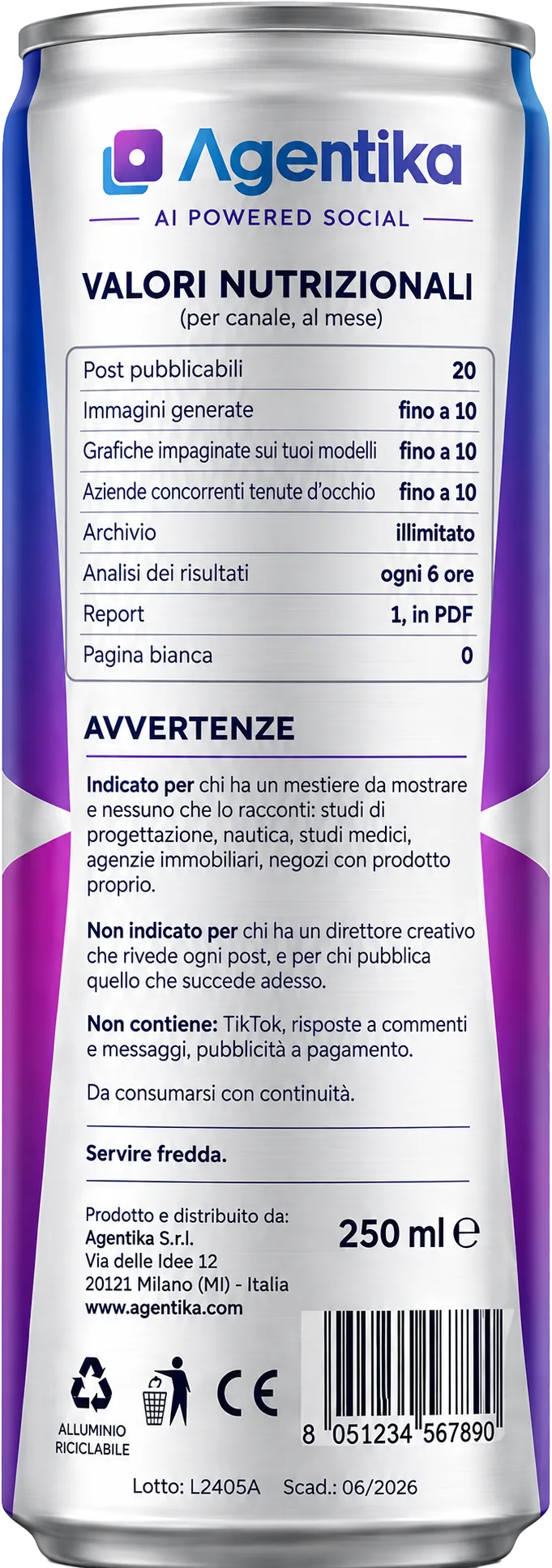 Il retro della lattina di Agentika, con la tabella dei valori nutrizionali e le avvertenze stampate sull’etichetta